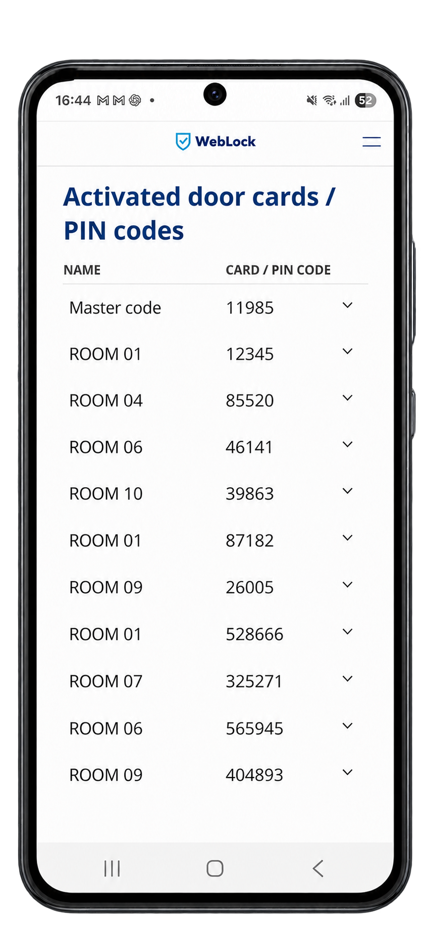 WebLock app showing activated door cards and PIN codes